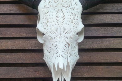 Hand Carved Cow Skull Head with Tribal Design / Wall Art Home Decor