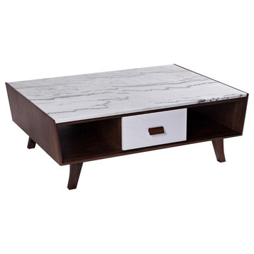 Vera Walnut Wood Base and White Marble Top Coffee Table