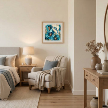 Serene Scandinavian Bedroom with Cozy Reading Nook and Floral Art