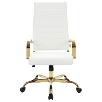 LeisureMod Benmar High-Back Leather Office Chair With Gold Frame White