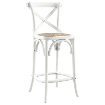 Modway Gear 39.5" Rattan and Elm Wood Counter Stool in White Finish