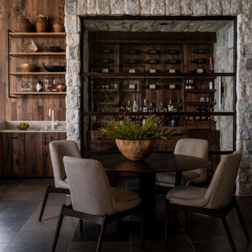 Antique Elm Paneling and Cabinetry in Modern Lakehouse Dining and Bar Room