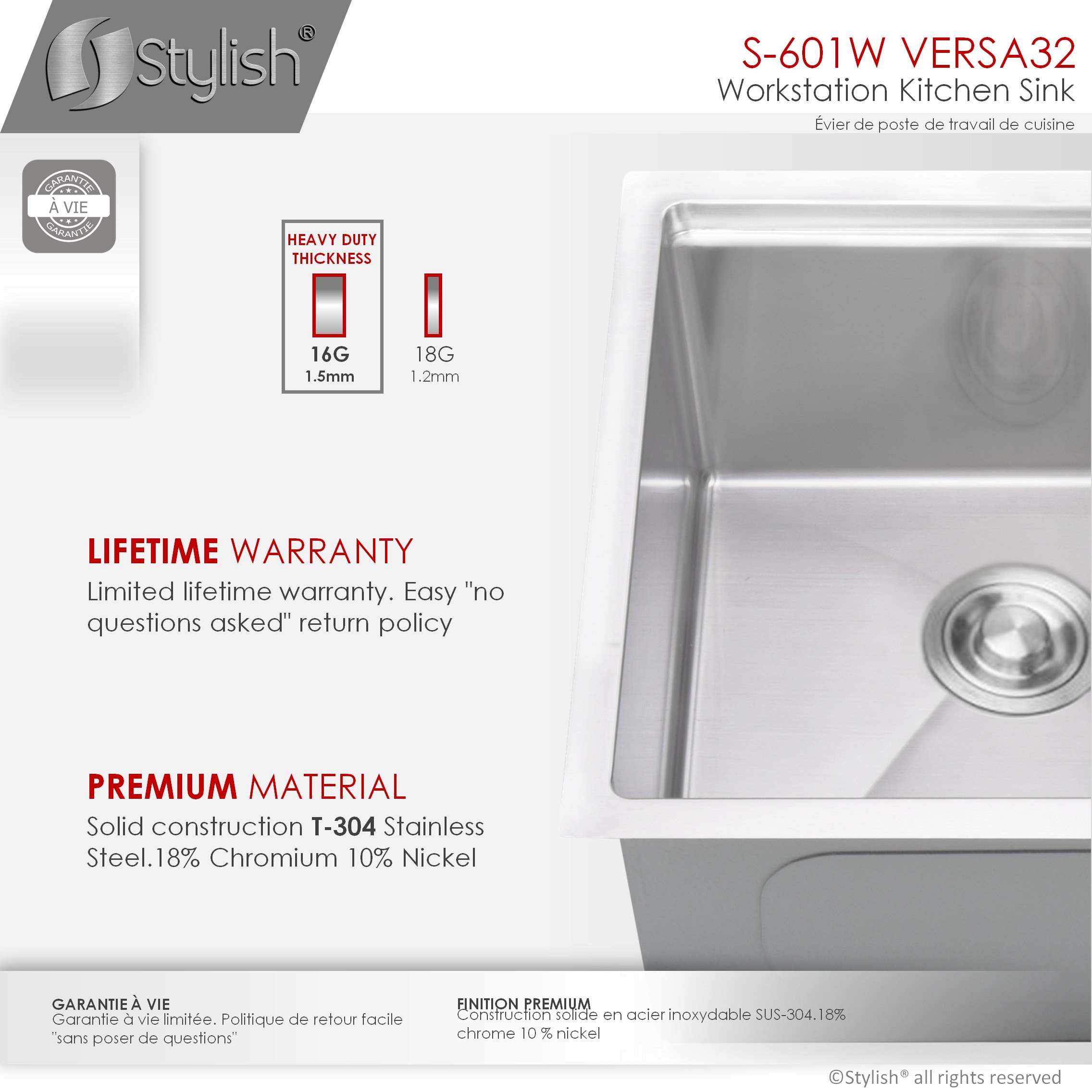 STYLISH 32 in Workstation Double Bowl Undermount Kitchen Sink with Accessories