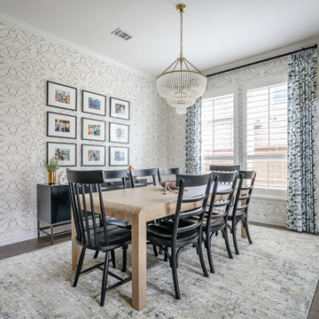 Transitional Dining Room with Graphic Wallpaper & Gallery Wall