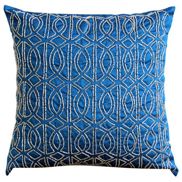 Geometric Royal Blue, Blue 14"x14" Silk Throw Pillows Cover