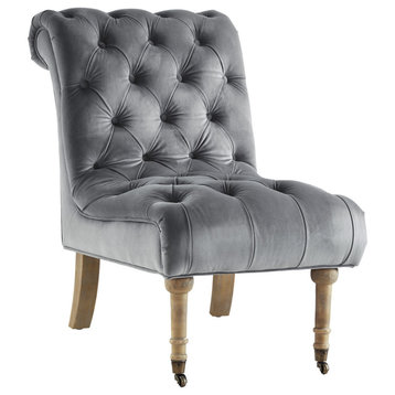 Constance Velvet Rolled Back Tufted Armless Slipper Accent Chair, Grey