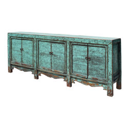 Chinese Distressed Aqua Green Finish High Credenza Console Buffet Table - Accent Chests And Cabinets