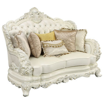 ACME Adara Loveseat With5 Pillows, White PU and Antique White Finish