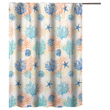 Benzara BM293438 Shower Curtain, White Blue Polyester, Seashells/Ferns Print