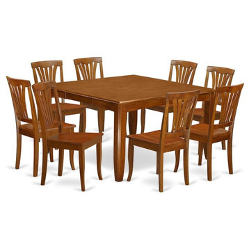 9-Piece Dining Room Set, Square Table With Leaf and 8 Chairs, Saddle Brown