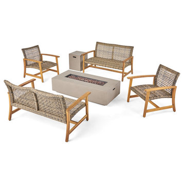 Allison Outdoor 6-Piece Wood and Wicker Chat Set With Fire Pit, Gray/Natural/Light Gray