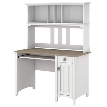 Large Desk With Hutch, Cabinet and Multiple Open Shelves, Pure White/Shiplap Gre