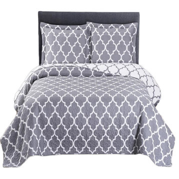 Meridian Oversized Reversible Printed Coverlet Set, Gray and White, Twin/Twin XL
