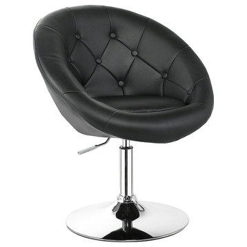 1PC Adjustable Modern Swivel Round Tufted Back Accent Chair PU Leather Black