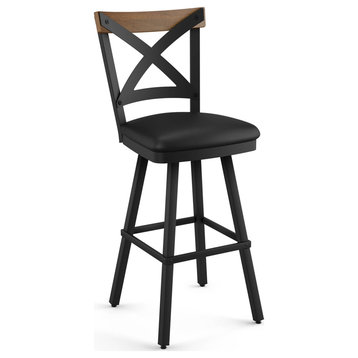 Amisco Snyder Counter and Bar Stool, Charcoal Black Faux Leather / Brown Wood / Black Metal, Bar Height