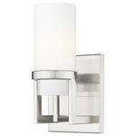 Innovations Lighting - Utopia 1 Light 8" Wall-mounted Sconce, Satin Nickel, Matte White Glass - Modern and geometric design elements give the Utopia Collection a striking presence. This gorgeous fixture features a sharply squared off frame, softened by a round glass holder that secures a cylindrical glass shade.