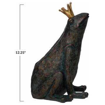 Resin Frog With Gold Crown, Patina Finish