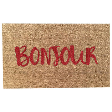 Hand Painted "Bonjour" Welcome Mat, Bleeding Heart Red