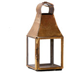 Serene Spaces Living - Square Brass Lantern - A rustic brass finish lends a slightly aged look to this square lantern. It is made of iron, and has beautiful big panels at the top crowned with a rounded open cap. Club it with our other rustic brass lanterns and create a non-floral centerpiece setup. Add our deep tea light in a clear holder to complete the look.
