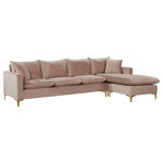 Meridian Furniture - Naomi 3-Piece Velvet Upholstered Reversible Sectional, Pink - Bring glamour to your living room or den with this Naomi Pink Velvet Sectional. This striking set blends the modern with the traditional for a look that wows from every angle. Luscious velvet provides a neutral element to your room, ensuring its easy fit with existing furnishings. Choose from either set of legs, both gold and chrome, to customize the sectional to your specific tastes. Pillows come with this sectional, adding to its welcoming feel.