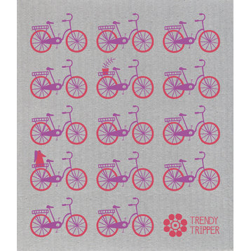 Swedish Dishcloth Mid-Century Modern, Rows of Bikes, Purple and Red on Gray