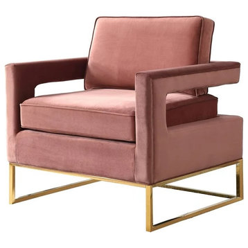 Modern Accent Chair, Iron Base and Padded Velvet Seat With Open Arms, Pink/Gold