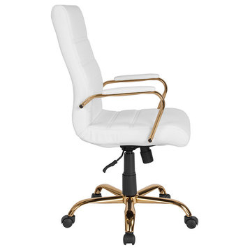 High Back White Leather Executive Swivel Office Chair With Gold Frame and Arms