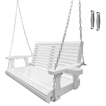 Wooden Porch Swing 2-Seater, Bench Swing with Cupholders (Brown), White