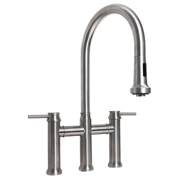 Solid Stainless Steel Bridge Faucet, a swivel Spout, Pull Down Spray Head