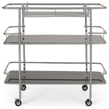 Galata Modern 3 Tier Bar Cart with Glass Shelving, Silver and Black