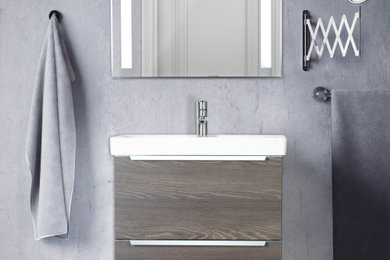 Ejemplo de cuarto de baño único y flotante minimalista con armarios tipo mueble, encimera de acrílico, encimeras blancas y puertas de armario de madera clara