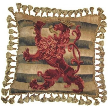 Aubusson Throw Pillow 20"x20" Handwoven Wool Red Brown Lion St