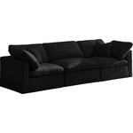 Meridian Furniture - Plush Velvet / Down Standard Comfort Modular Sofa, Black, 3-Piece: 1 Armless Chair, 2 Corner Chair - No matter how big or little the size of your gang, they can all find their sweet spot when you choose pieces from the Plush collection to build your ideal seating group. Choose this individual Plush piece or pair multiple pieces together to get the custom look everyone will love. The soft black velvet material is soft and welcoming to the touch, and the set's cushions are overstuffed with a down and feather blend to provide ample support for tired bodies.