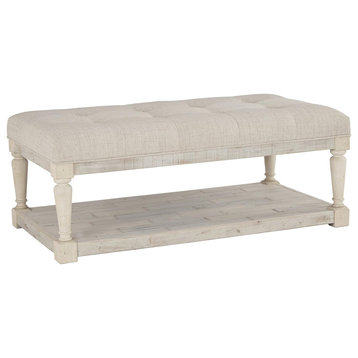 Contemporary Coffee Table, Pinewood Legs With Padded Polyester Top, White Wash