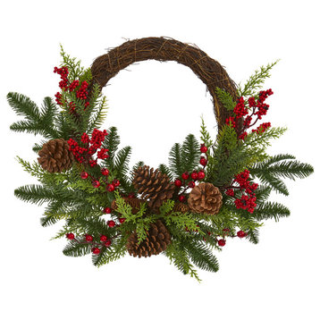 22" Mixed Pine and Cedar With Berries and Pine Cones Artificial Wreath NN4360