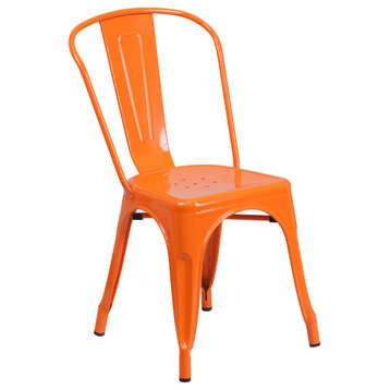 Orange Metal Dining Chair With Square Seat and Curved Slatted Back