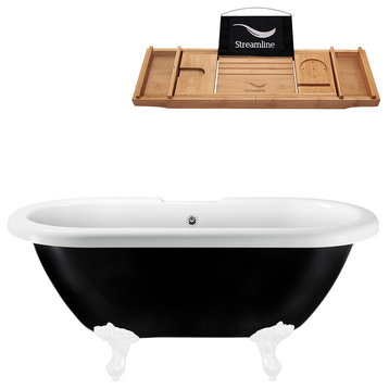 59" Black Clawfoot Tub and Tray, White Feet, Gold External Drain
