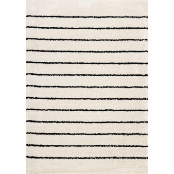 Miley Collection Soft Shag Cream Black Straight Lines Area Rug, 5'3" x 7'7"