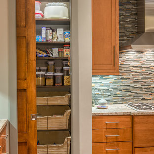 Design ideas for a transitional kitchen pantry in Other with medium wood cabinets, multi-coloured splashback and matchstick tile splashback.