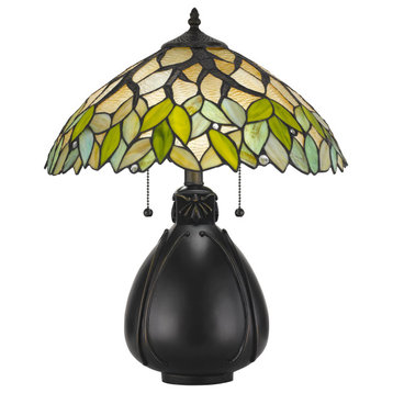 Benzara BM224791 2 Bulb Table Lamp with Leaf Design Glass Shade, Multicolor