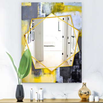 Designart Gray And Yellow Blur Abstract Modern Frameless Wall Mirror, 28x40
