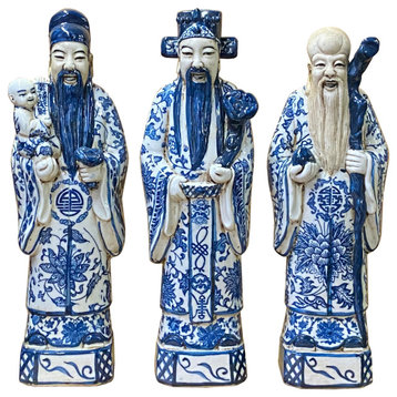 Chinese Distressed Blue White Color Fengshui Fok Lok Shao Figure Set Hws2079