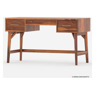 Recycled Teak Wood Brux Art Deco Writing Desk with 3 Drawers by