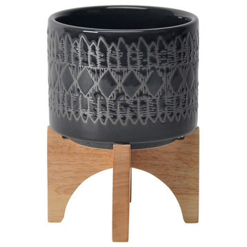 Benzara BM263830 Planter With Wooden Stand and Native Design, Small, Black