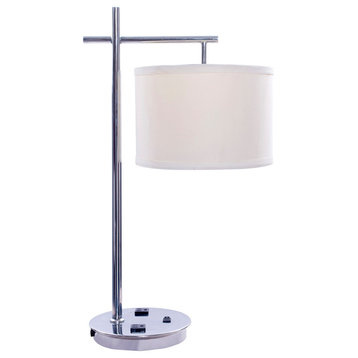 26" Tech-Friendly Metal Table Lamp in Chrome Fishich With 2 Convenience Outlets
