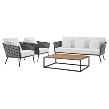 Lounge Sectional Sofa Chair Table Set, White, Aluminum, Modern, Outdoor Patio