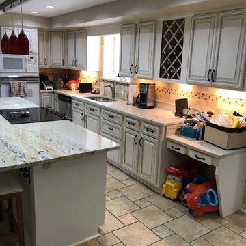 cabinet refaccing---antique white brown glazing