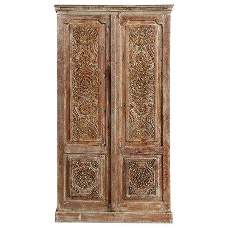Antique Carved Armoire Nail Studs Coastal Beachy Hues Cabinet 76