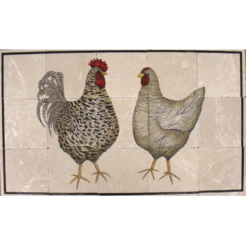 Contemporary Chickens Mural Tile Art, 30"x18"