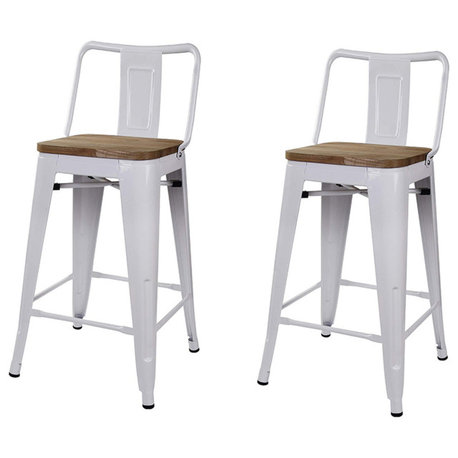 White Middle Back Metal Barstools With Wooden Seat, Set of 2